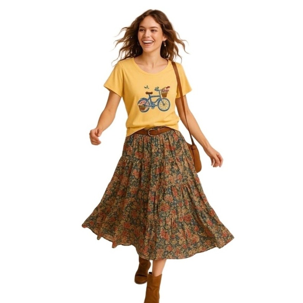 Liberty Lane Shirt Womens 1X Yellow Short Sleeve Bicycle Embroidery Floral